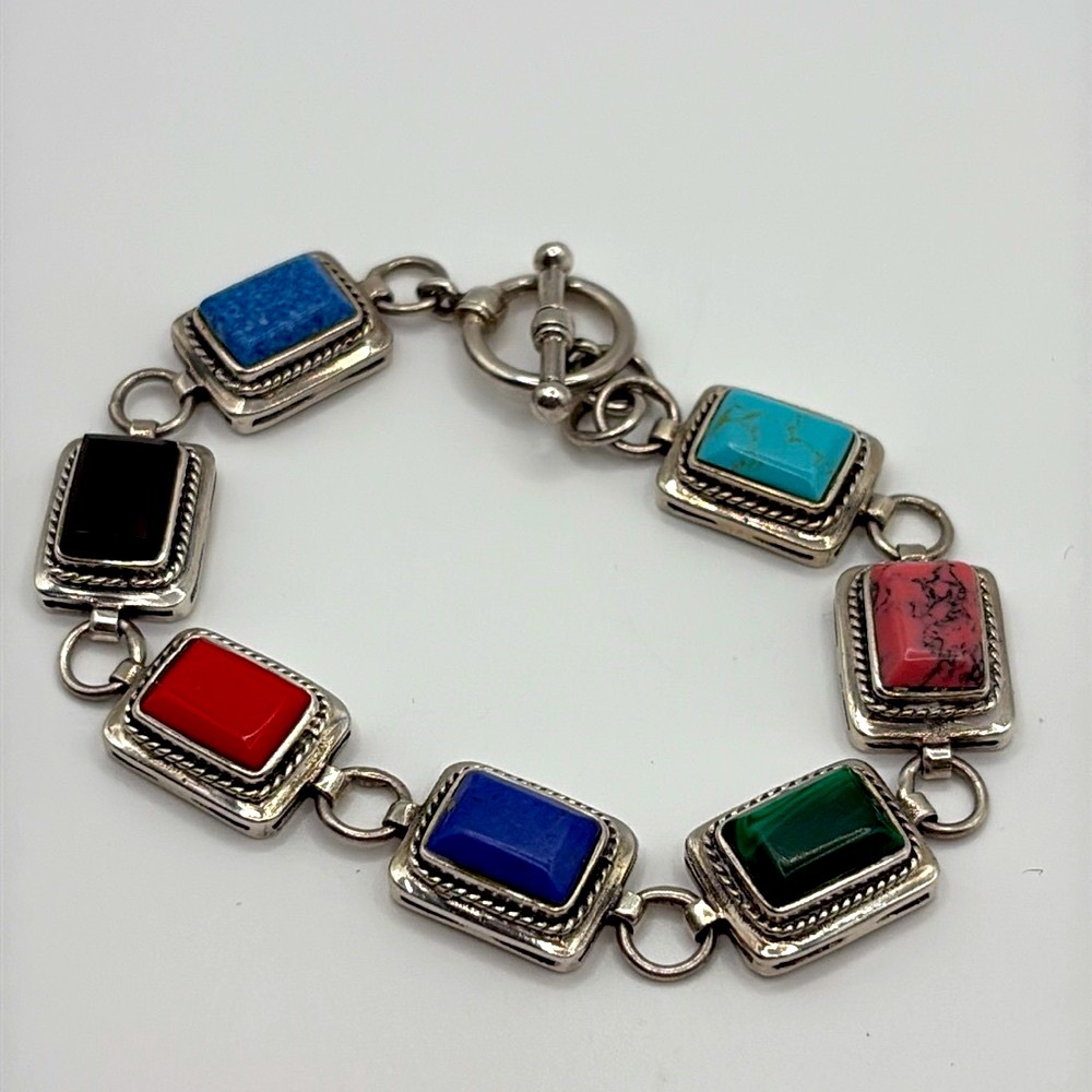 Vintage Sterling Silver Bracelet with Colorful Faux Gemstones 7.25” 18.84 Grams